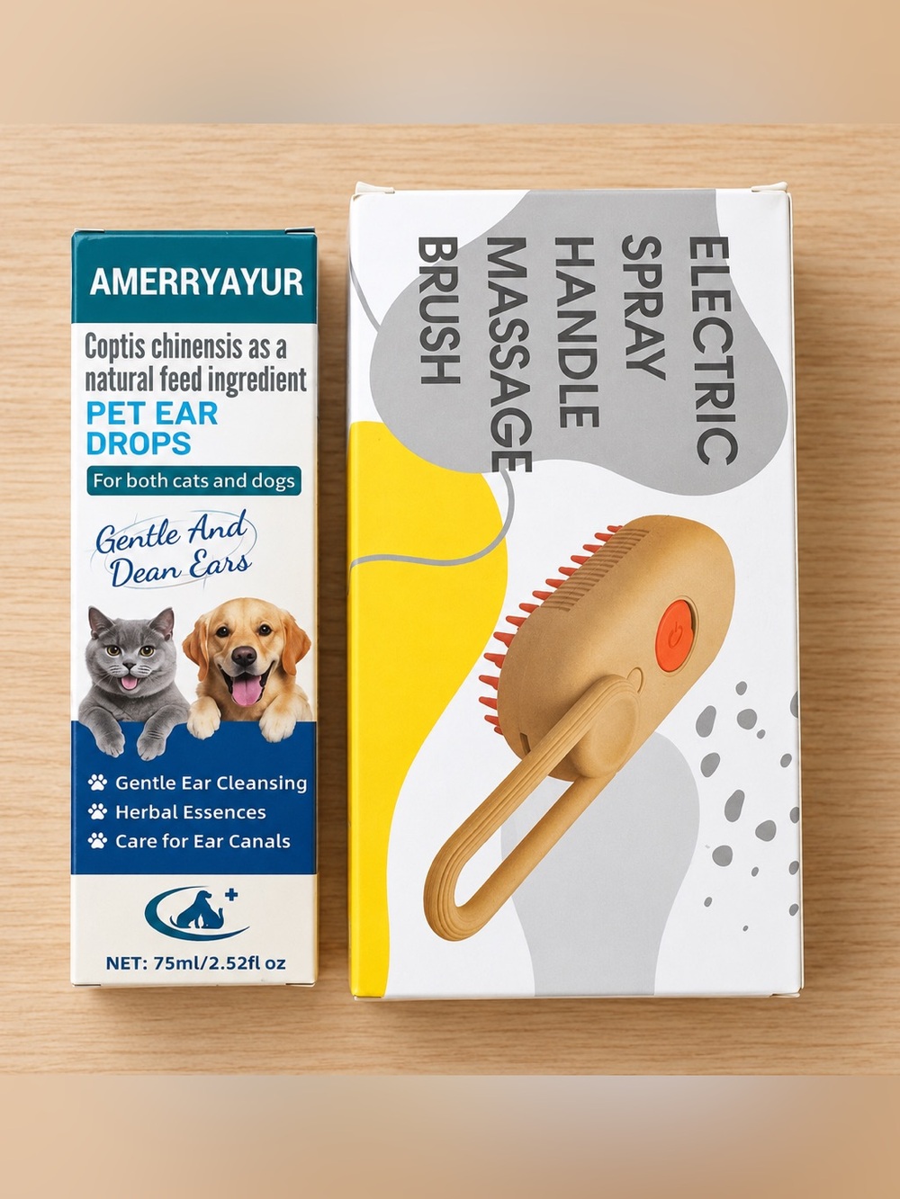 Amazon Pet Ear Drops & Tan Electric Massage Brush Grooming Set